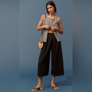 Anthropologie linen pleated culotte trousers Elegant Black Wide-Leg Pants